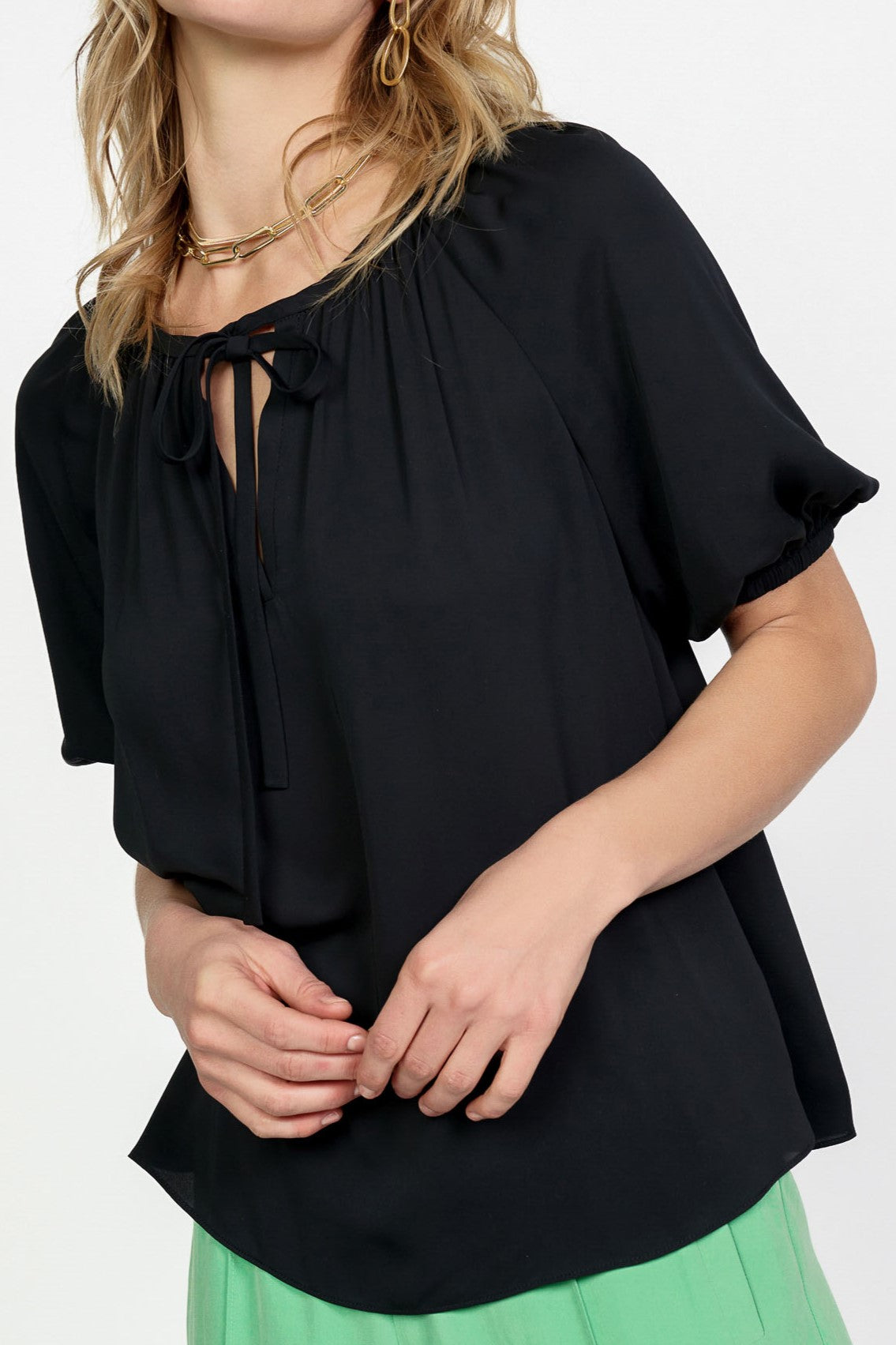BLACK SPLIT NECK TIED TOP