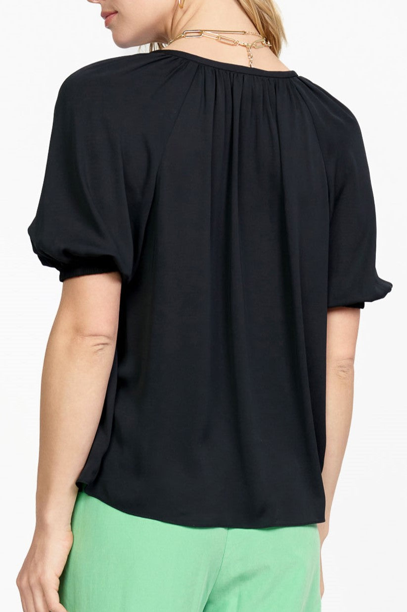 BLACK SPLIT NECK TIED TOP