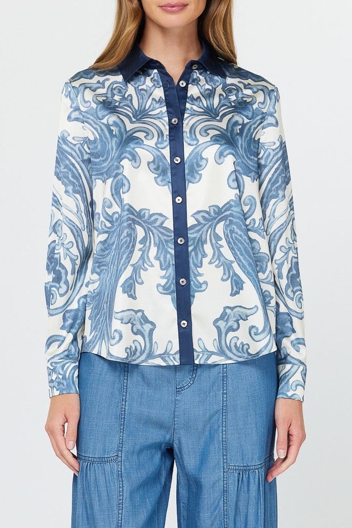 NAVY PRINT BUTTON TOP