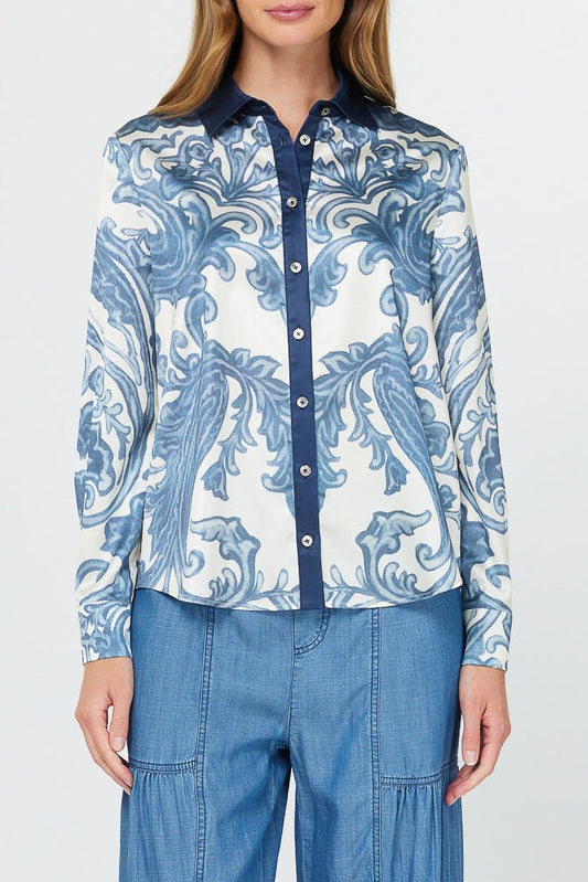 NAVY PRINT BUTTON TOP