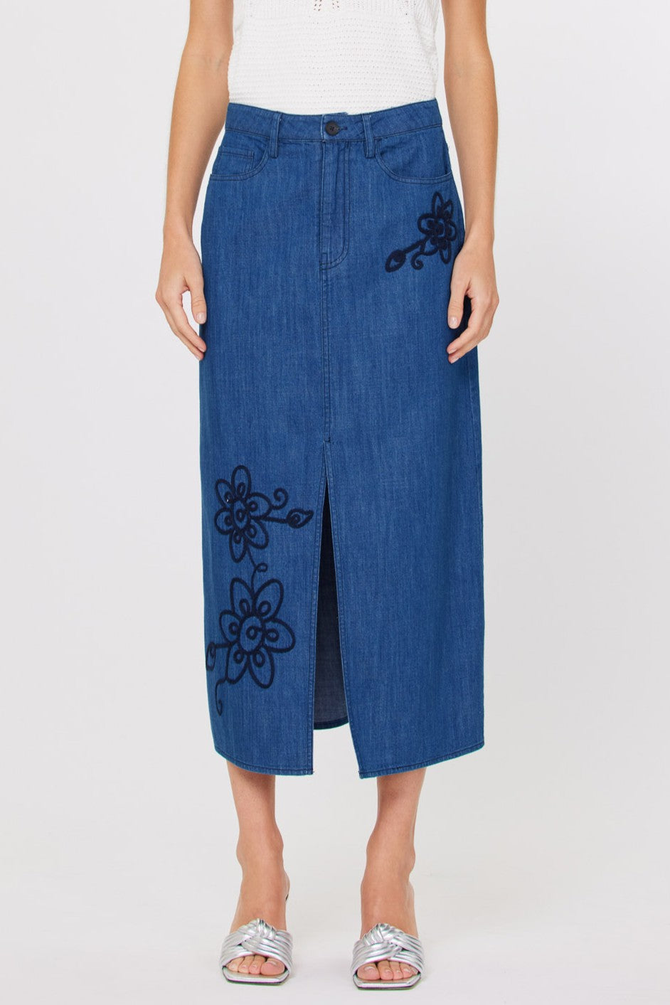 DENIM FLOWER MIDI SKIRT