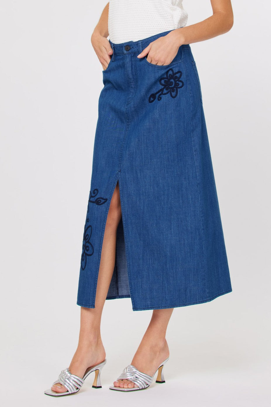 DENIM FLOWER MIDI SKIRT