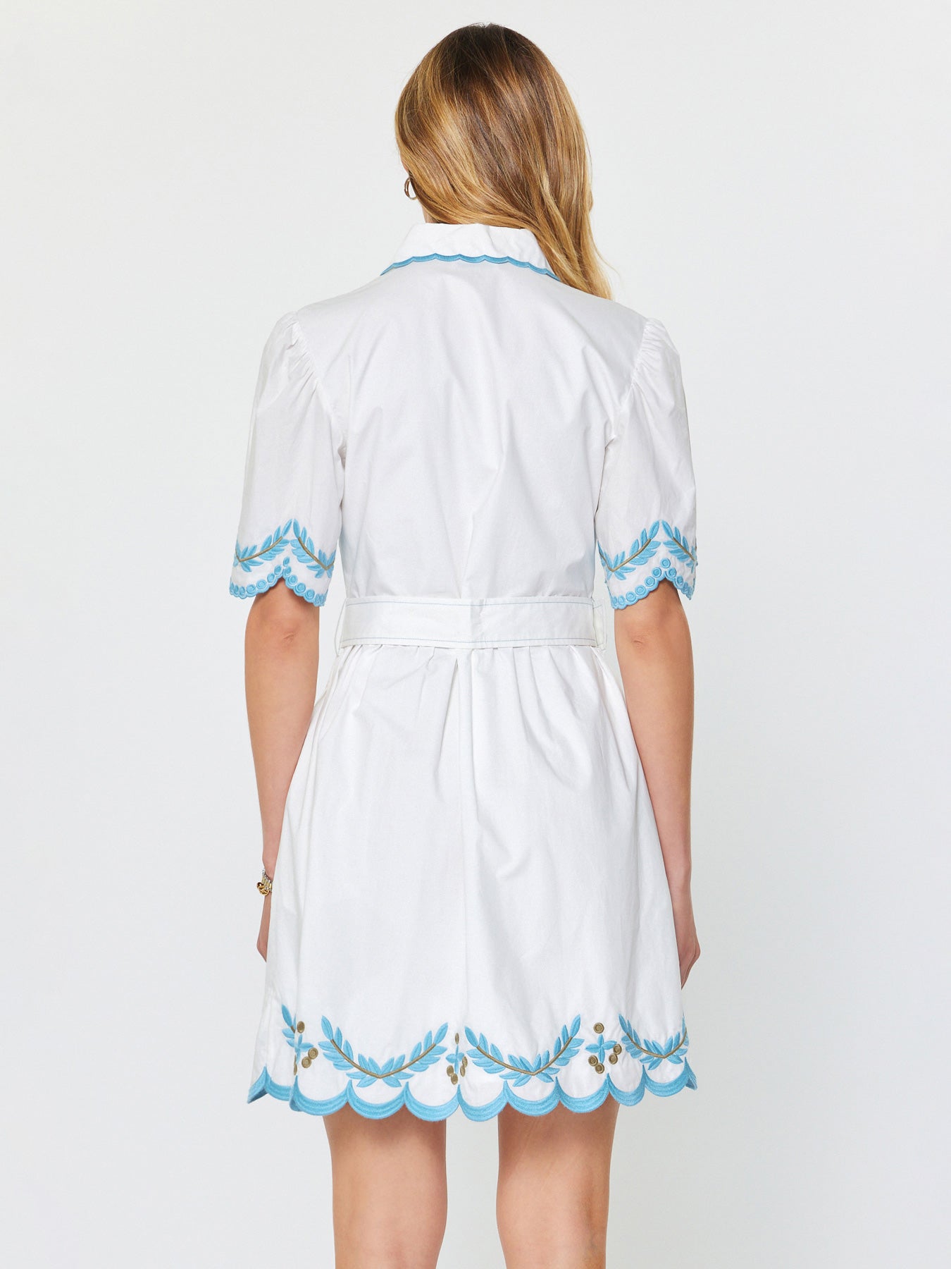 WHITE BLUE EMBROIDERED MINI DRESS