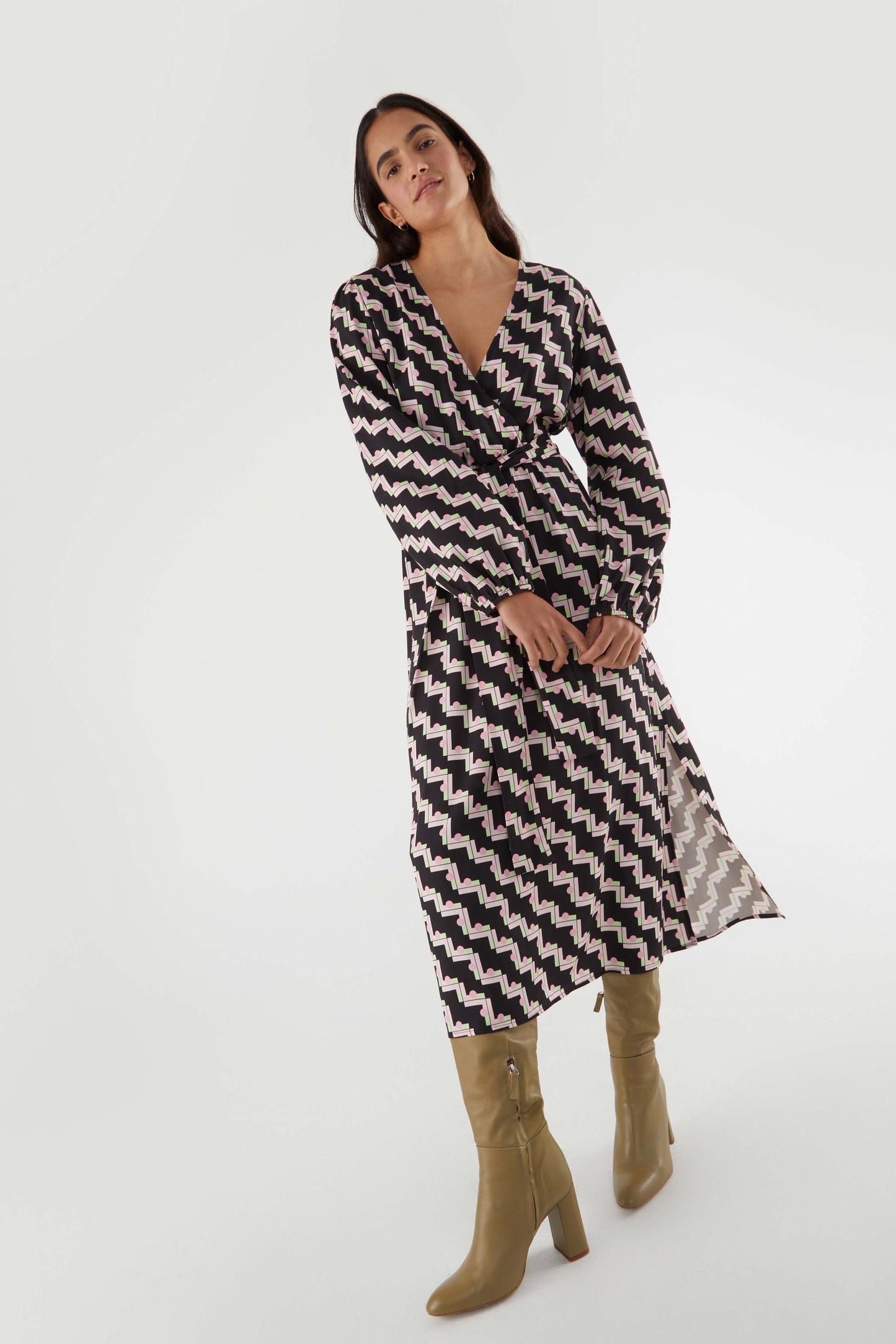 BLACK PINK DIAGONAL CROSS MIDI DRESS