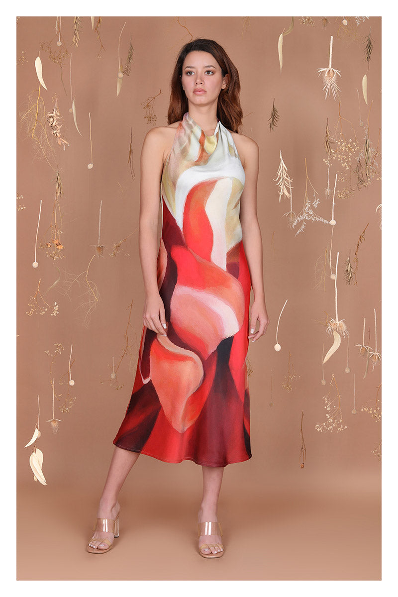 RED MULTI SILK NAYLA MIDI DRESS