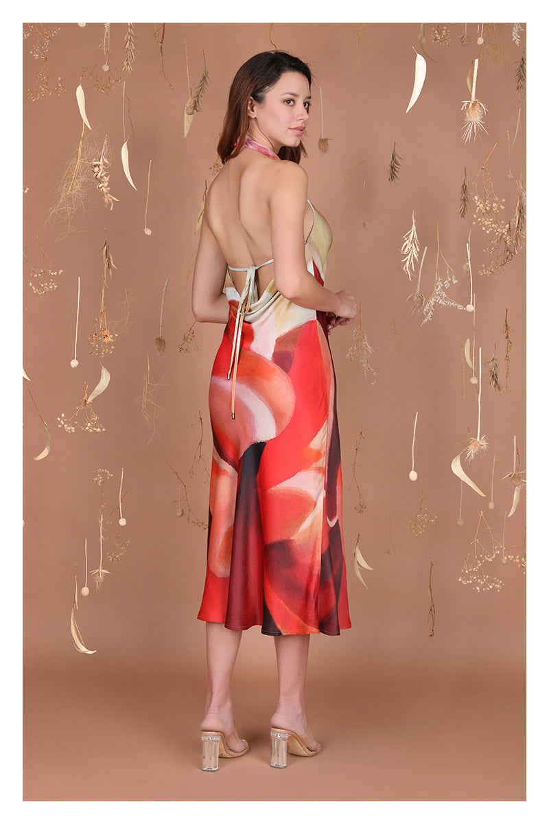 RED MULTI SILK NAYLA MIDI DRESS