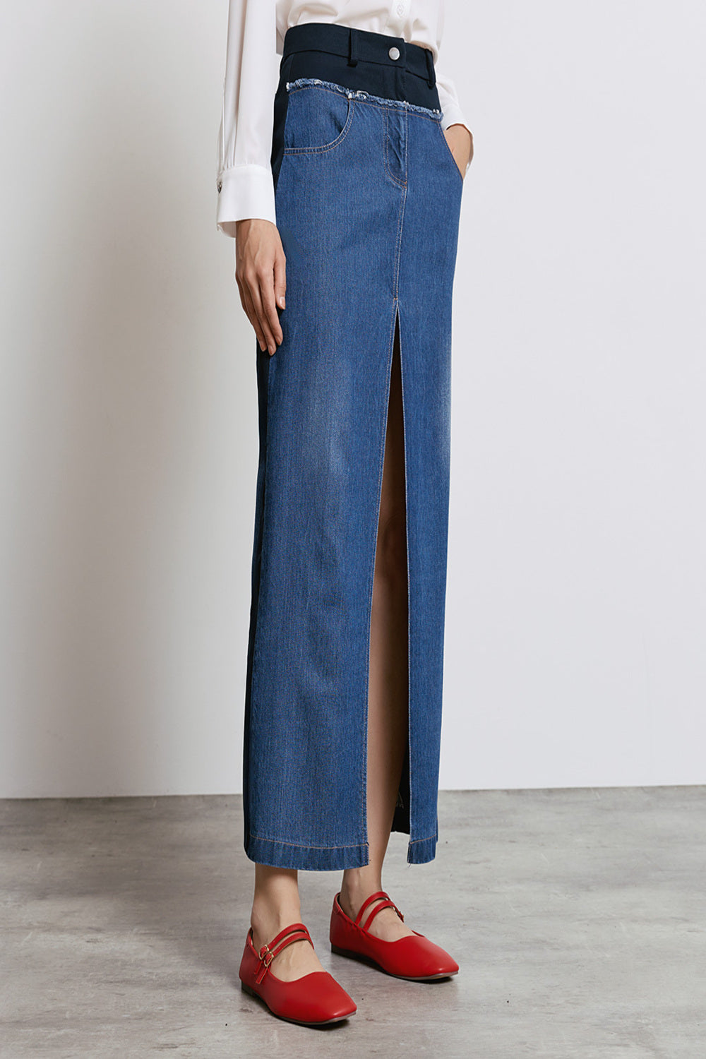 DOUBLE WAIST MIDI DENIM SKIRT