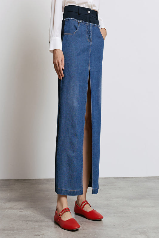 DOUBLE WAIST MIDI DENIM SKIRT