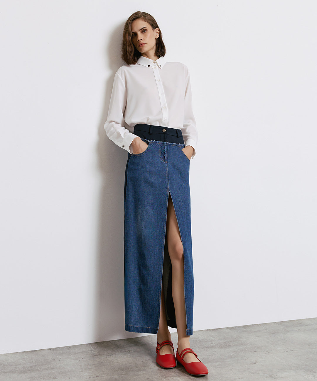 DOUBLE WAIST MIDI DENIM SKIRT