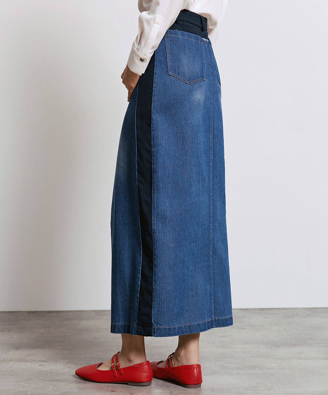 DOUBLE WAIST MIDI DENIM SKIRT