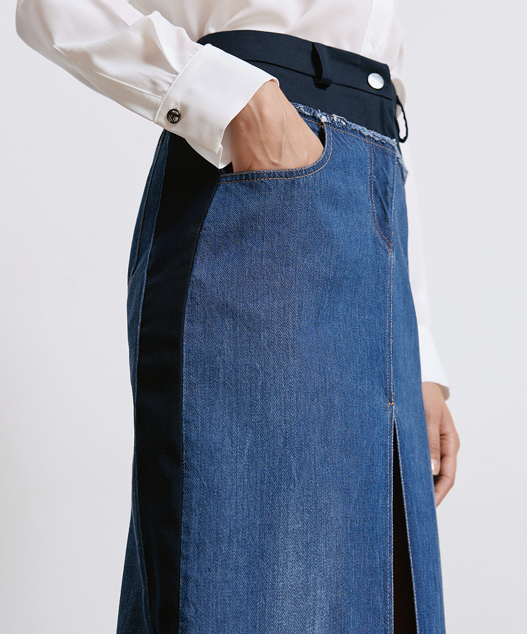 DOUBLE WAIST MIDI DENIM SKIRT