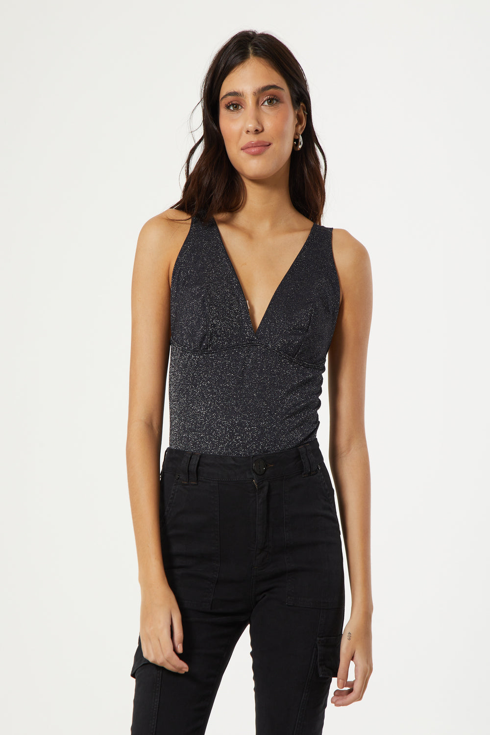 GRAY SPARKLING LOW-CUT BODYSUIT