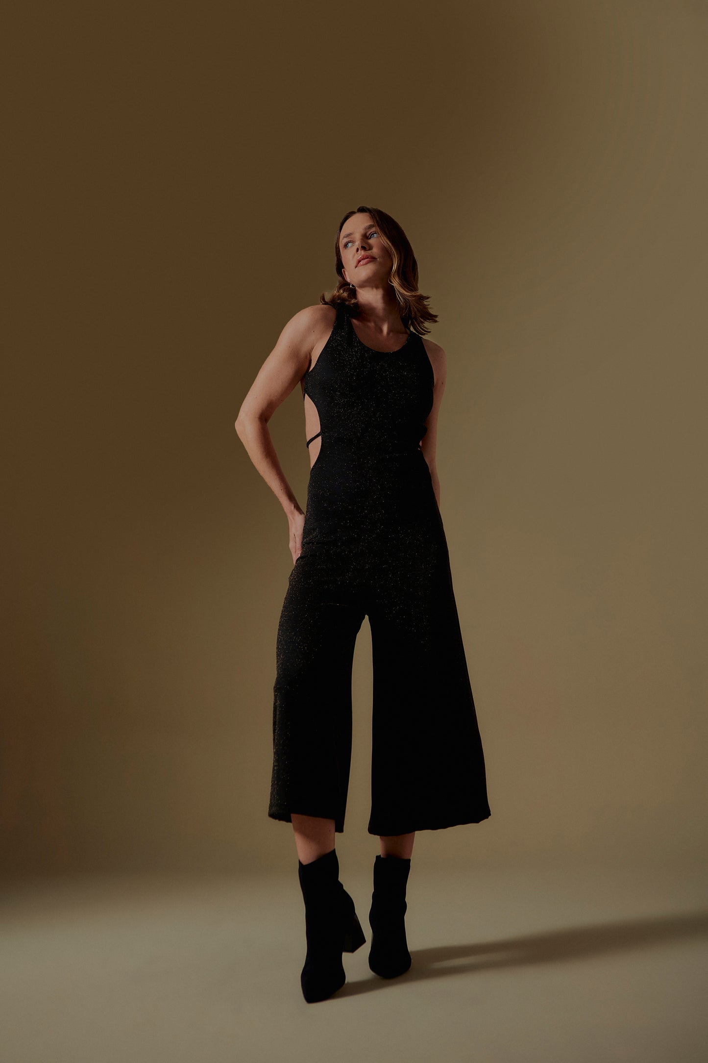 BLACK LUREX OPEN BACK JUMPSUIT