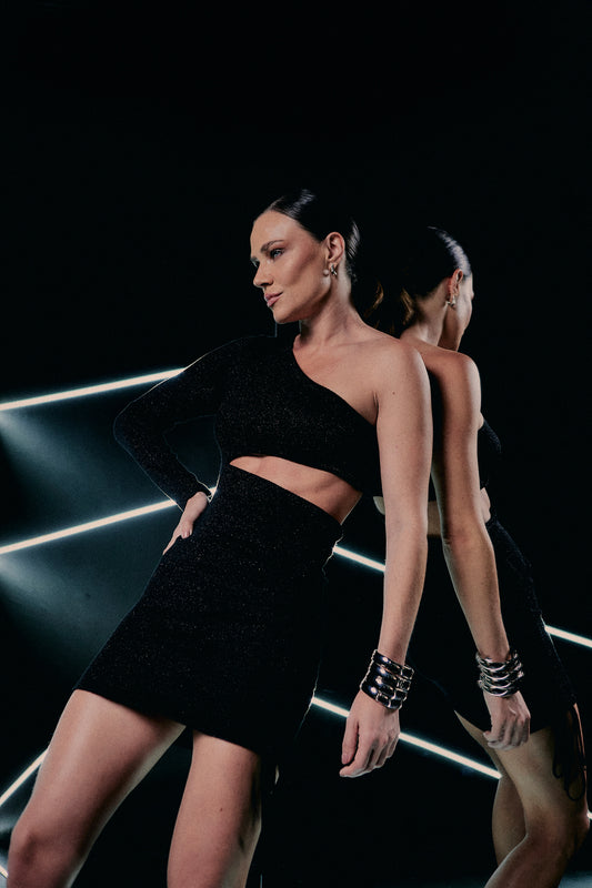 BLACK ONE SHOULDER KNIT MINI DRESS