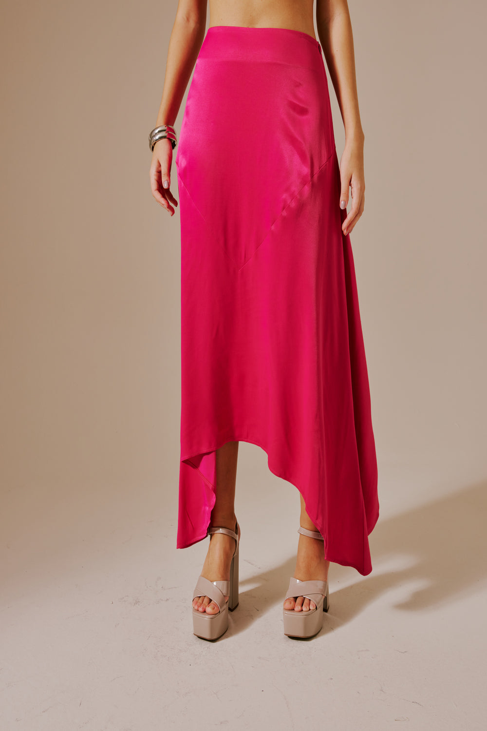 FUCSHIA SATIN MIDI SKIRT