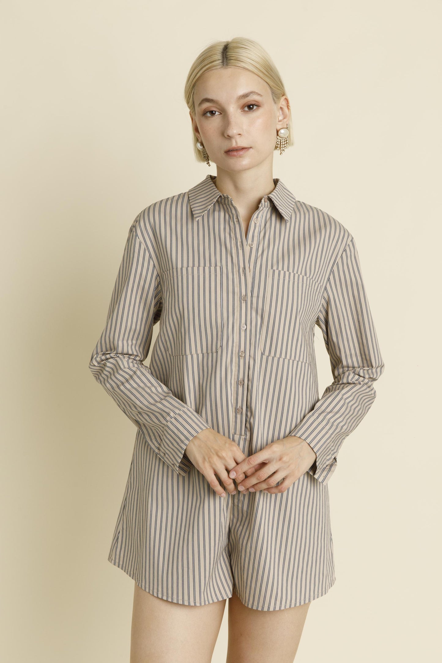 GRAY OVERSIZED STRIPED SHIRT ROMPER