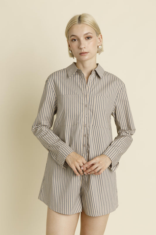 GRAY OVERSIZED STRIPED SHIRT ROMPER