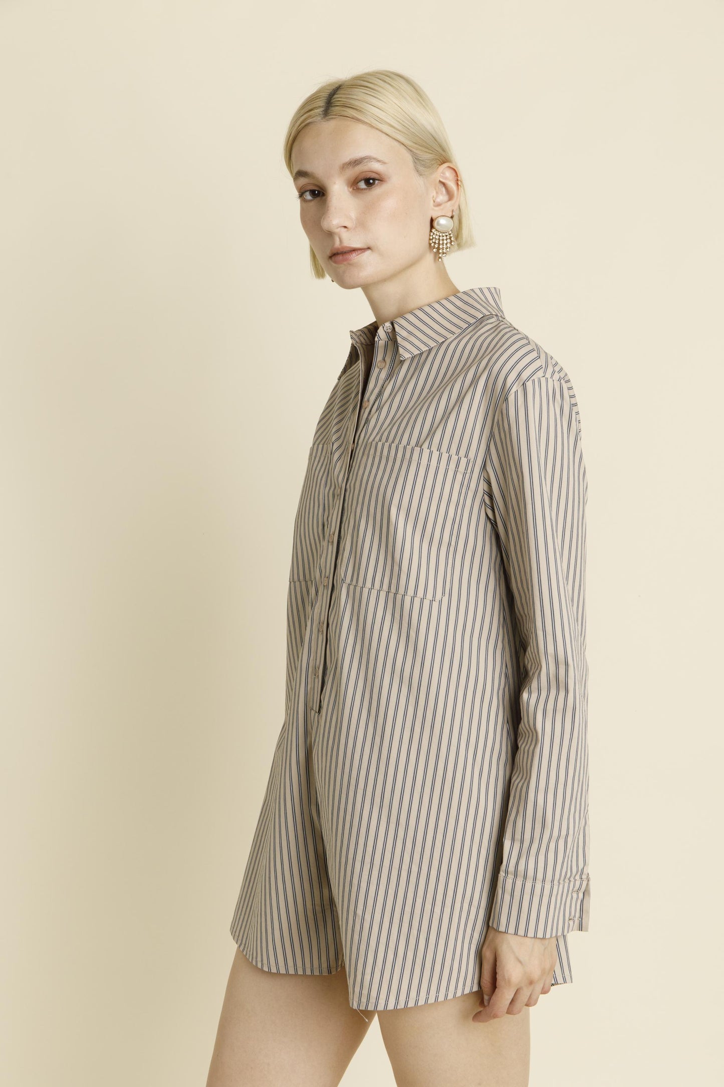 GRAY OVERSIZED STRIPED SHIRT ROMPER