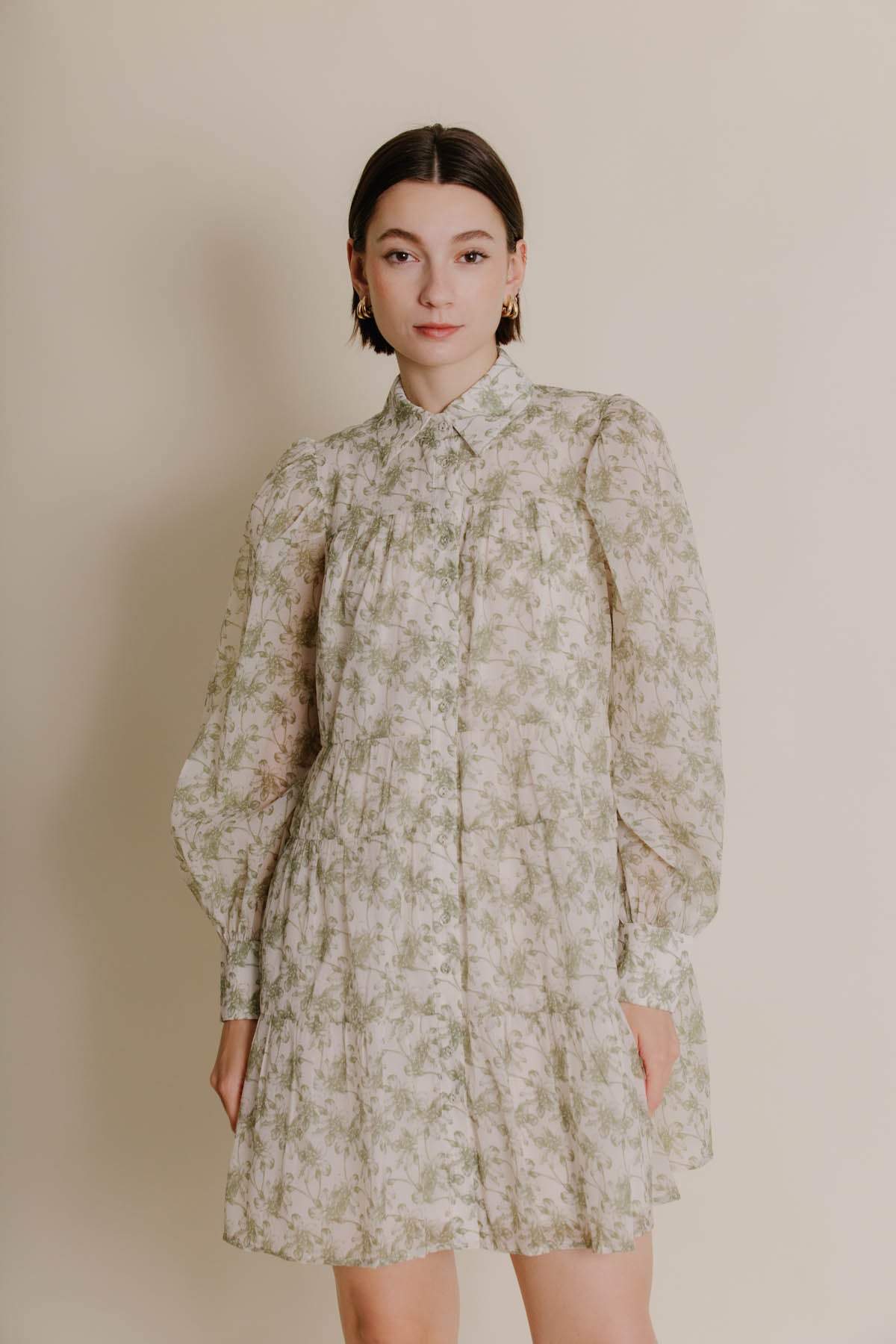 GREEN FLOWER TIERED LOOSE DRESS