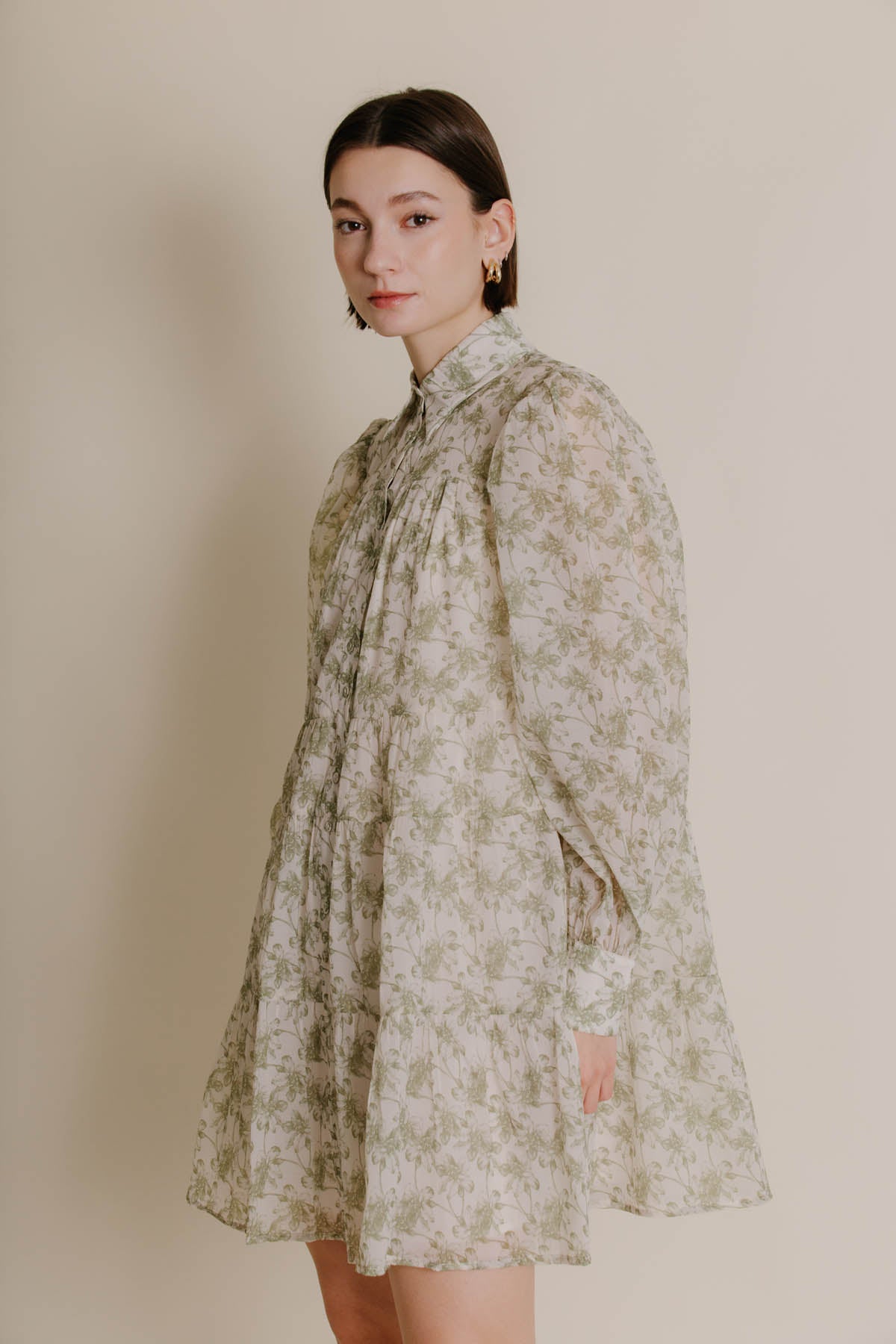 GREEN FLOWER TIERED LOOSE DRESS