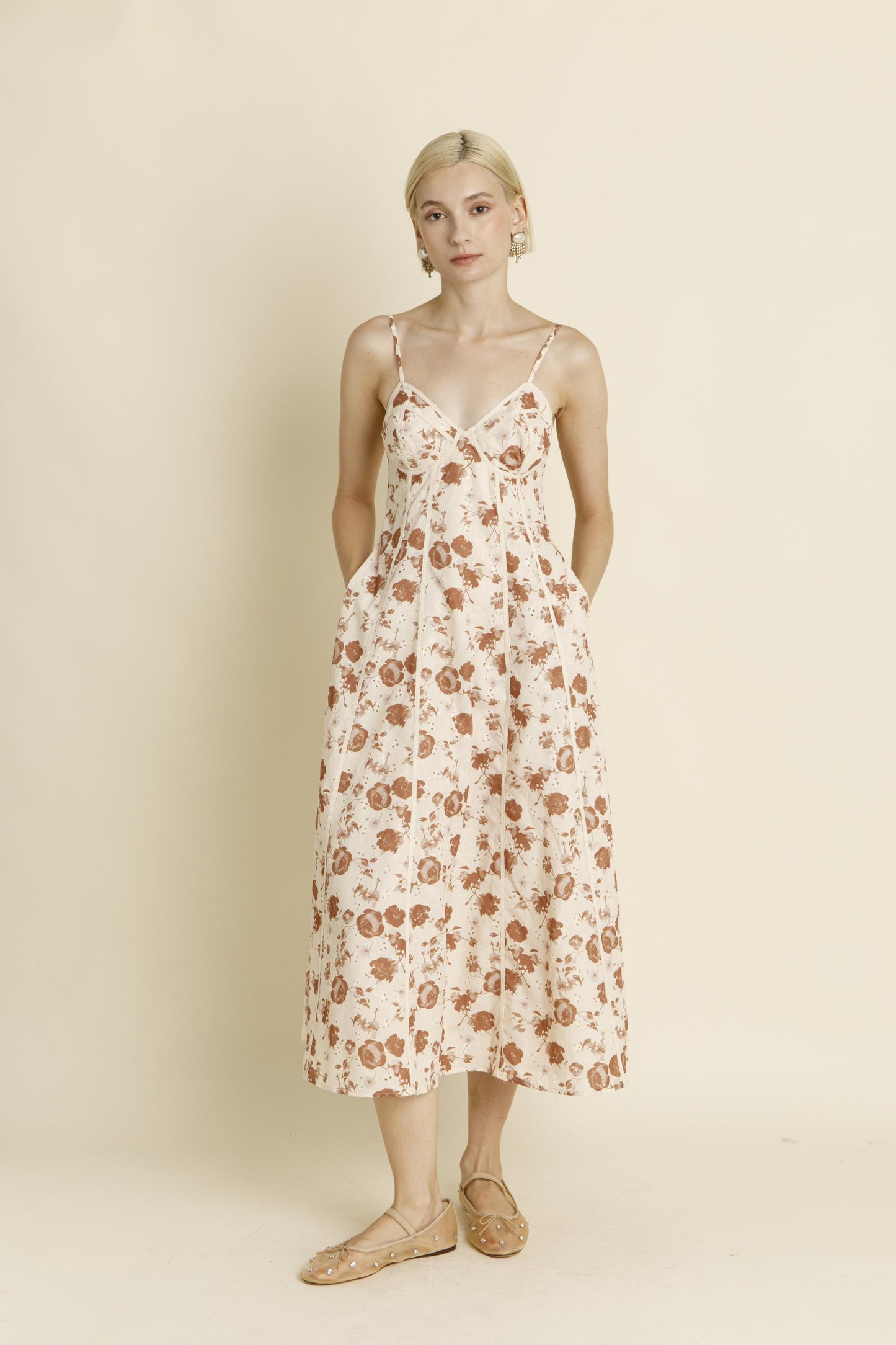 IVORY EMRBOIDERED TRIM MIDI DRESS