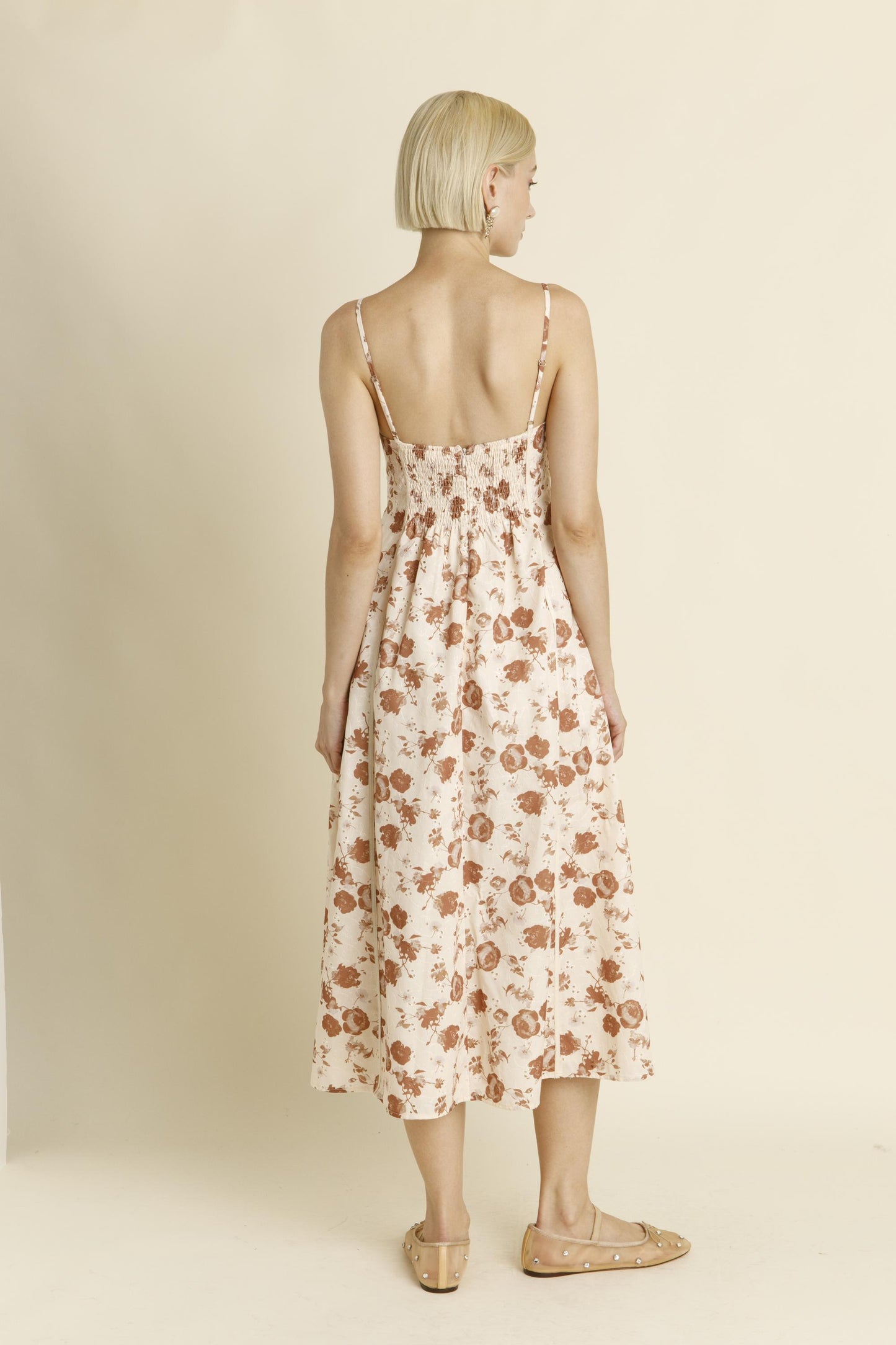 IVORY EMRBOIDERED TRIM MIDI DRESS