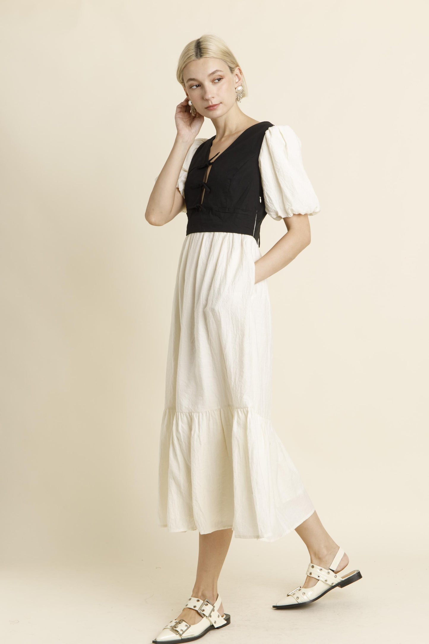 IVORY BLACK VEST MIDI DRESS