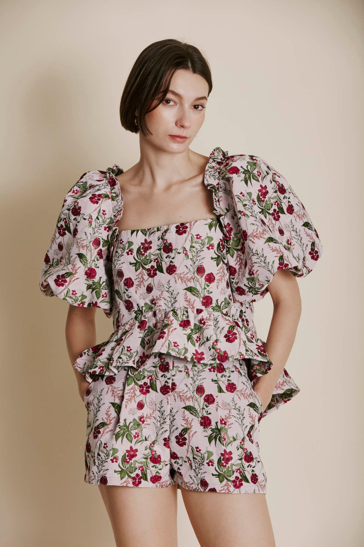 MULTI CHERRY JACQUARD PEPLUM TOP