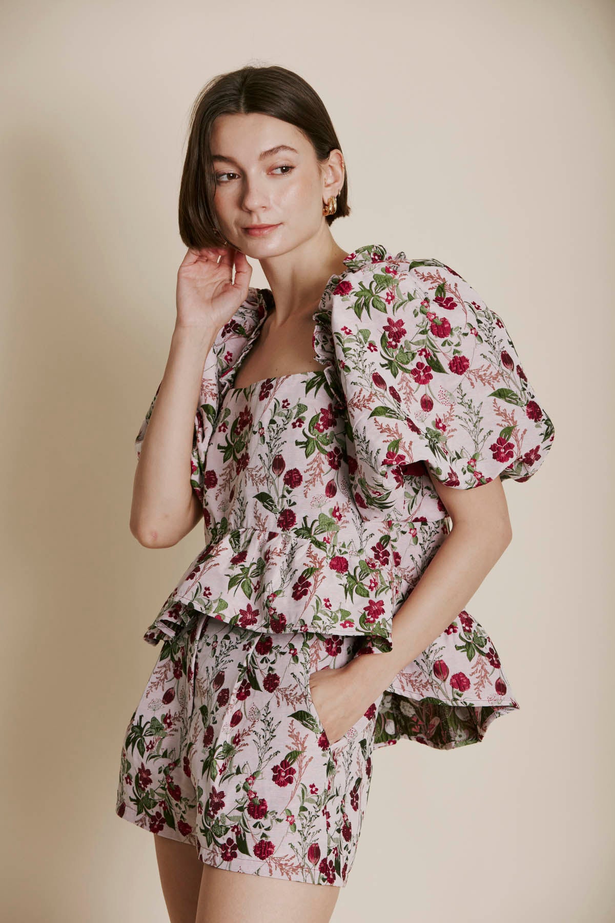 MULTI CHERRY JACQUARD PEPLUM TOP