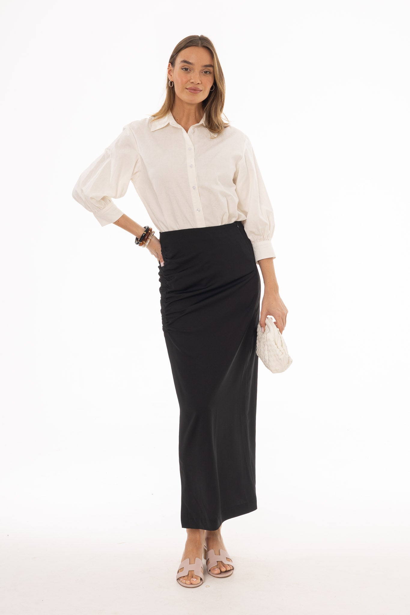 BLACK FRONT RUCHED MAXI SKIRT