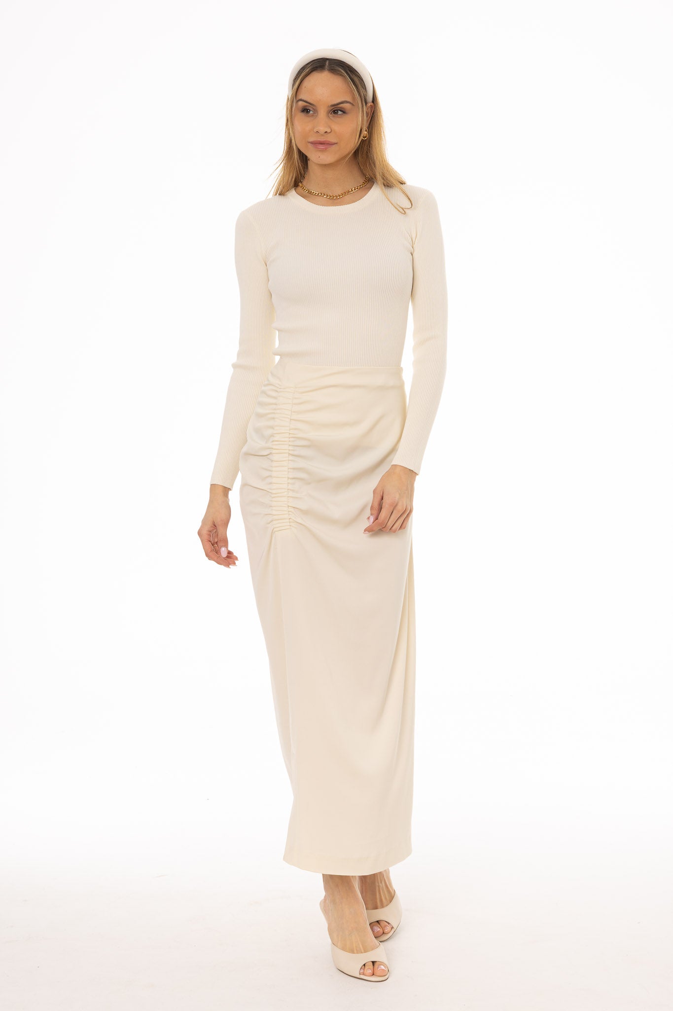 CREAM FRONT RUCHED MAXI SKIRT