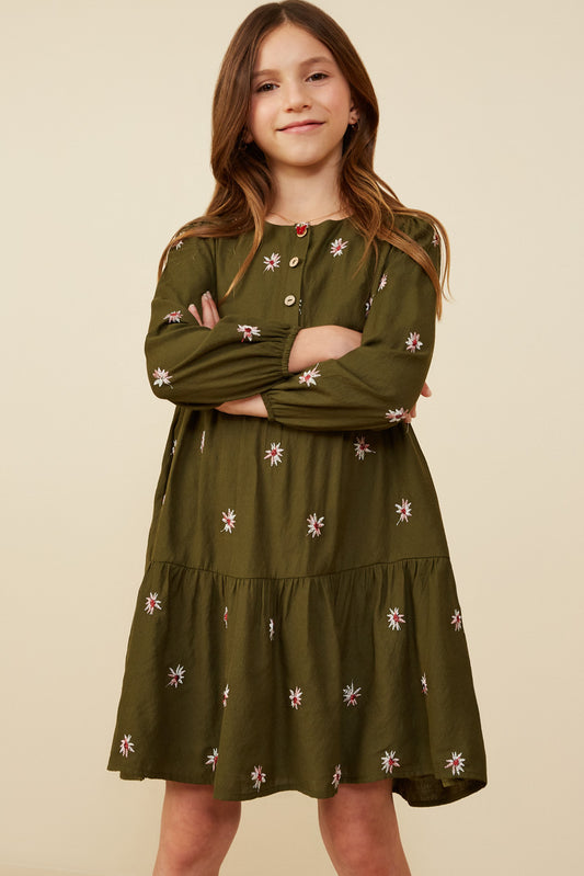 OLIVE GREEN FLORAL BUTTONED DRESS