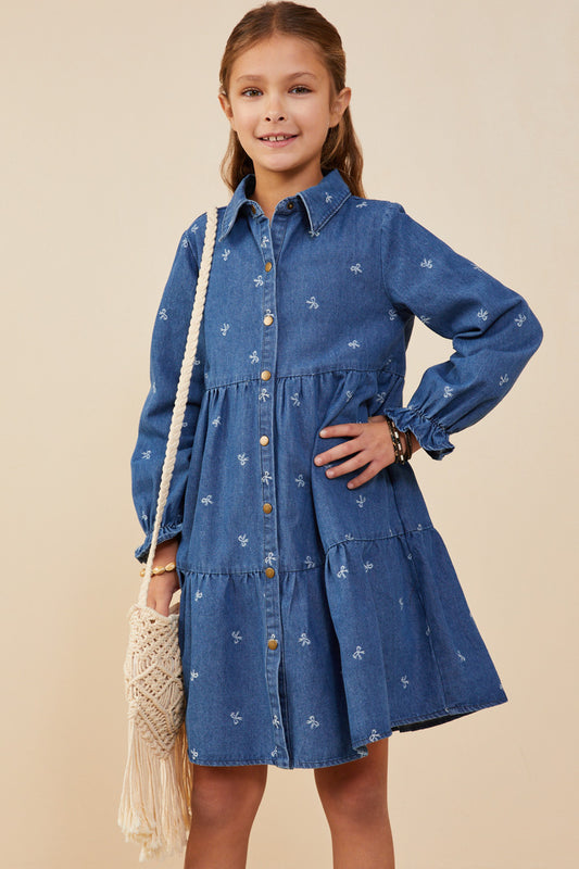 DENIM BUTTONED BOW DRESS