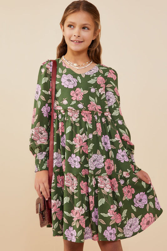 OLIVE GREEN FLORAL CUFF DRESS