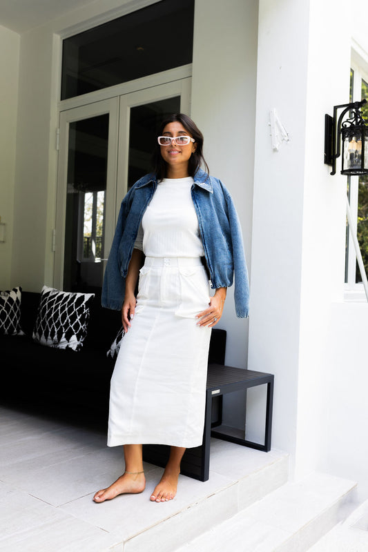 WHITE CANVAS MIDI SKIRT