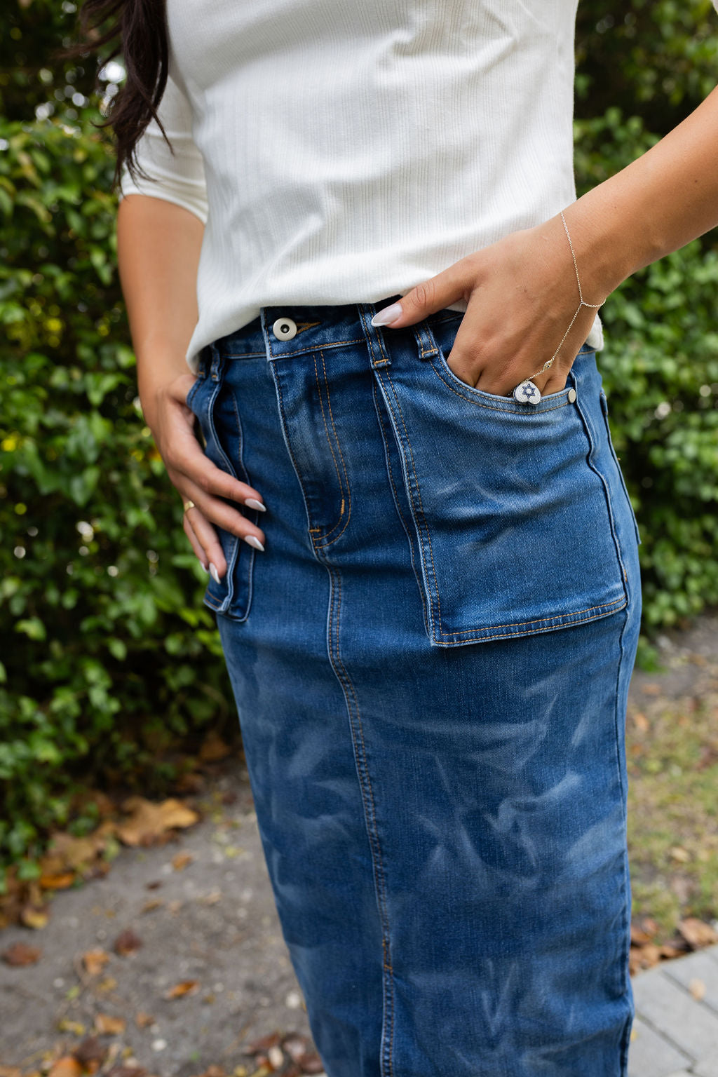 BLUE MIST DENIM MIDI SKIRT
