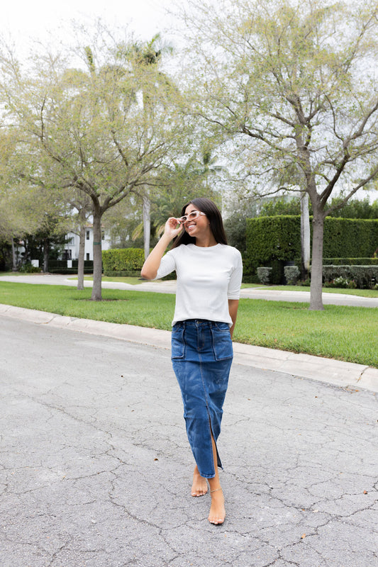 BLUE MIST DENIM MIDI SKIRT