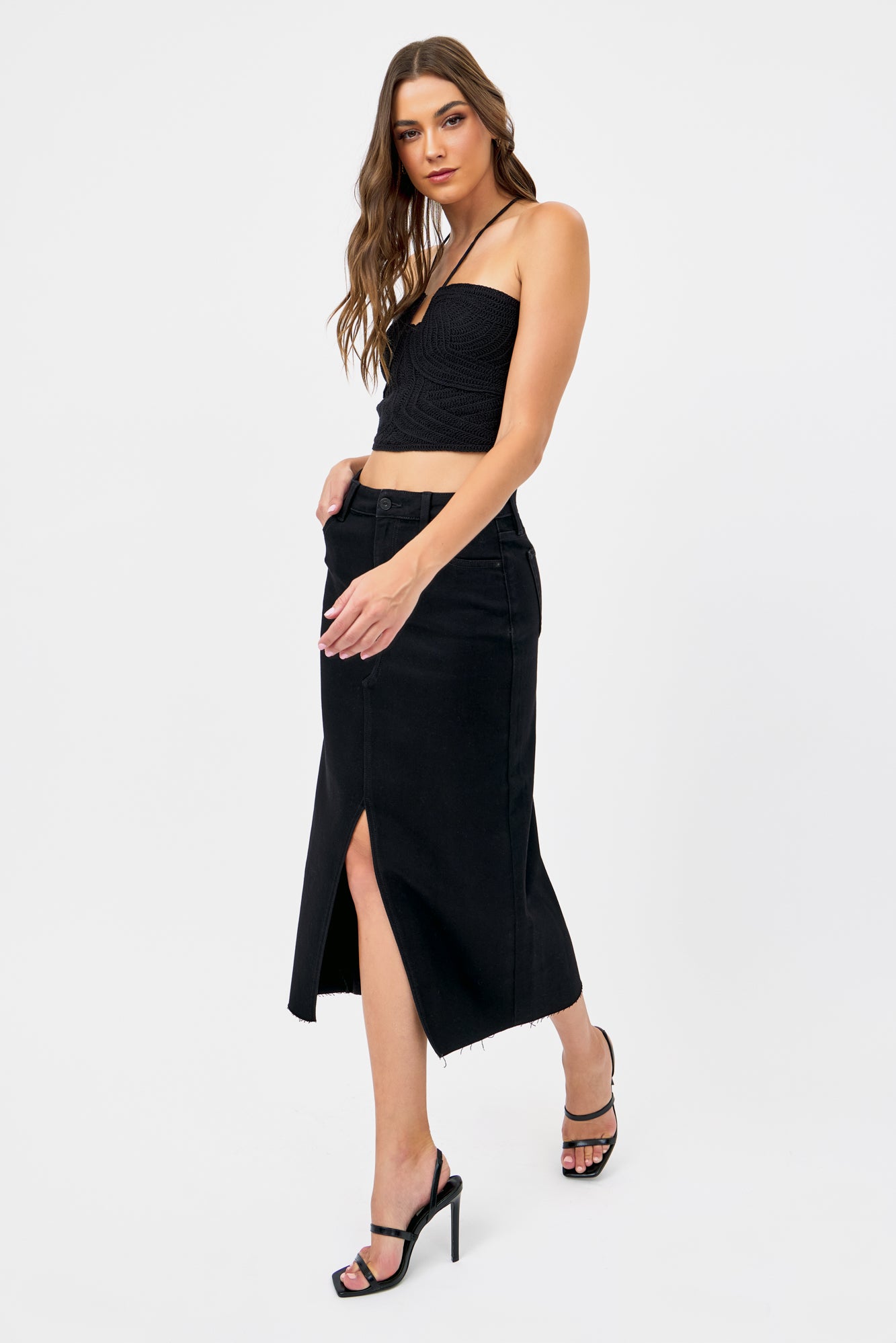 BLACK RISE MIDI SKIRT