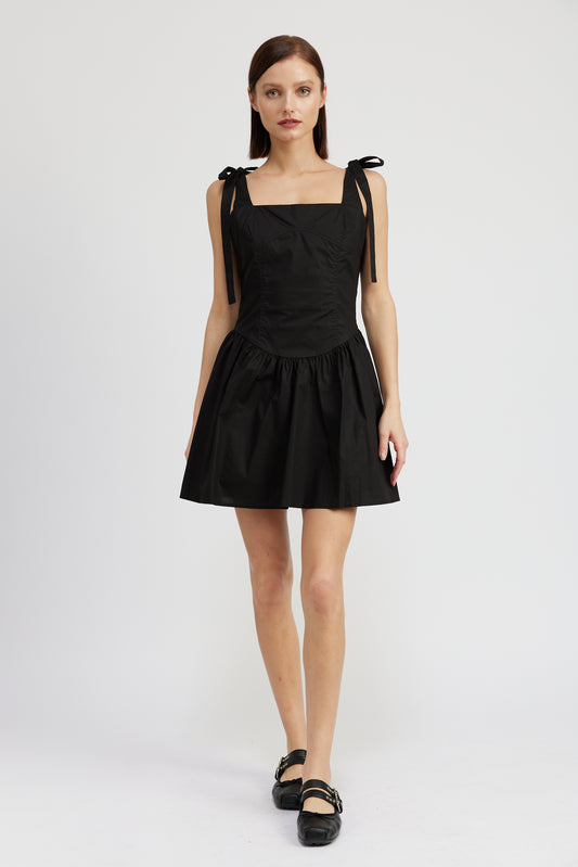 BLACK TIE SHOULDER MINI DRESS