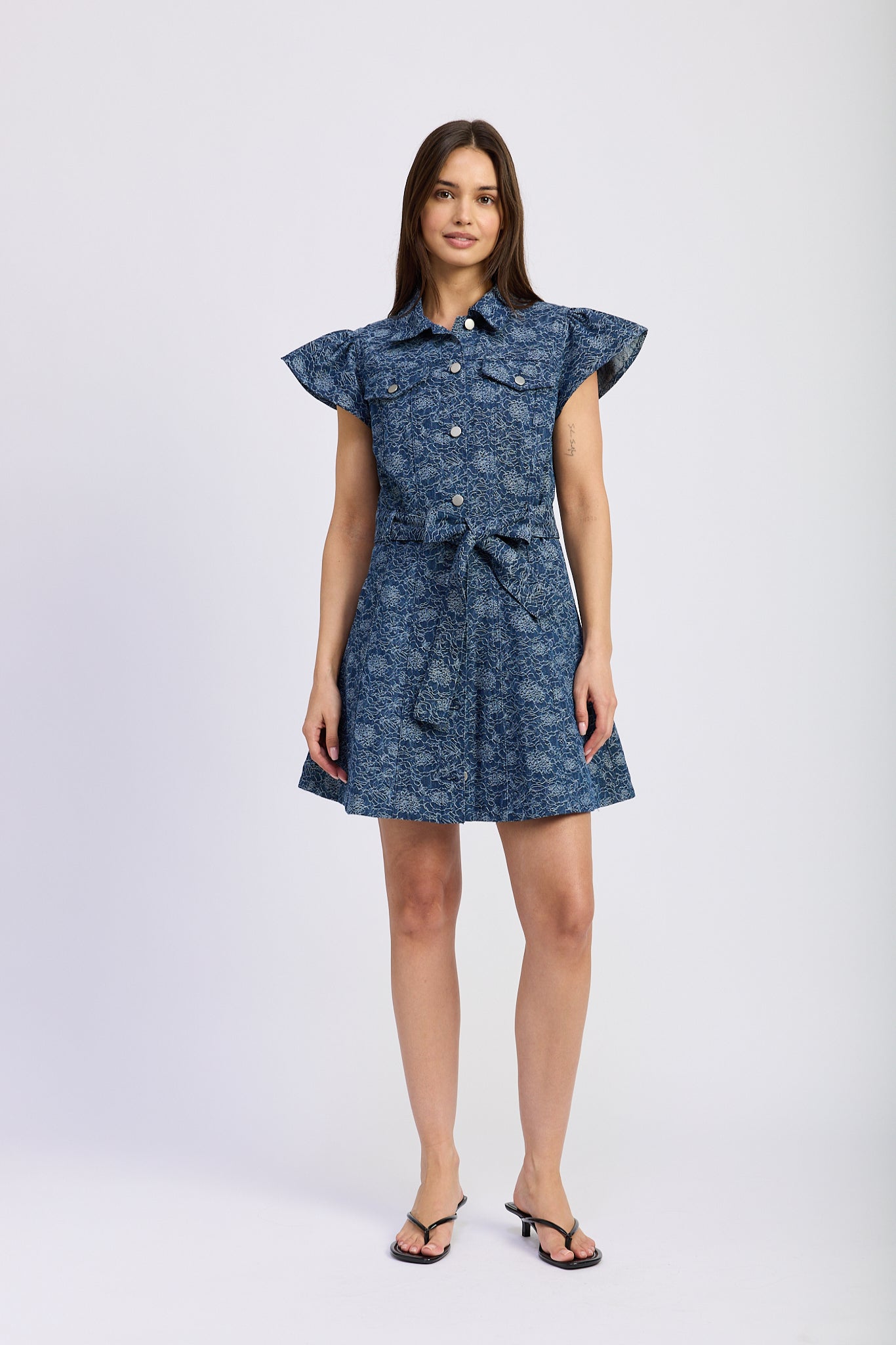 DENIM INDIGO TIE WAIST MINI DRESS
