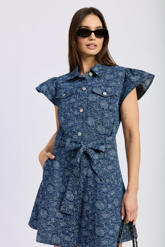 DENIM INDIGO TIE WAIST MINI DRESS
