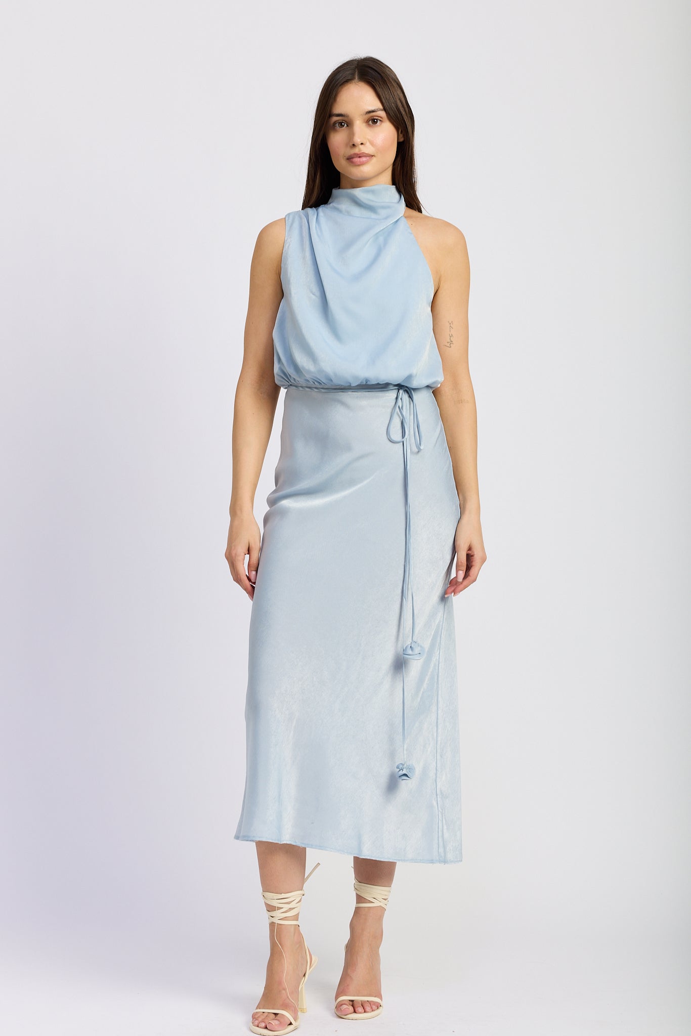 LIGHT BLUE SATIN FLORAL MIDI DRESS