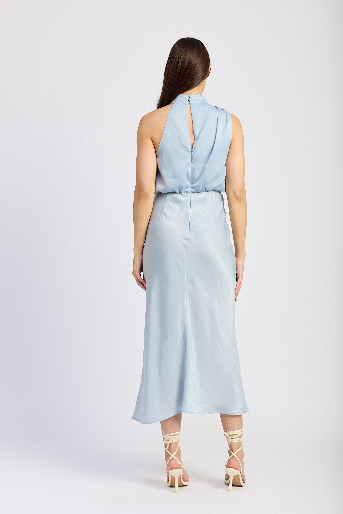 LIGHT BLUE SATIN FLORAL MIDI DRESS