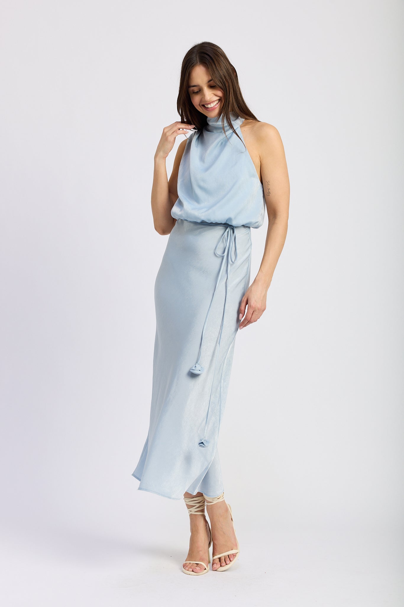 LIGHT BLUE SATIN FLORAL MIDI DRESS