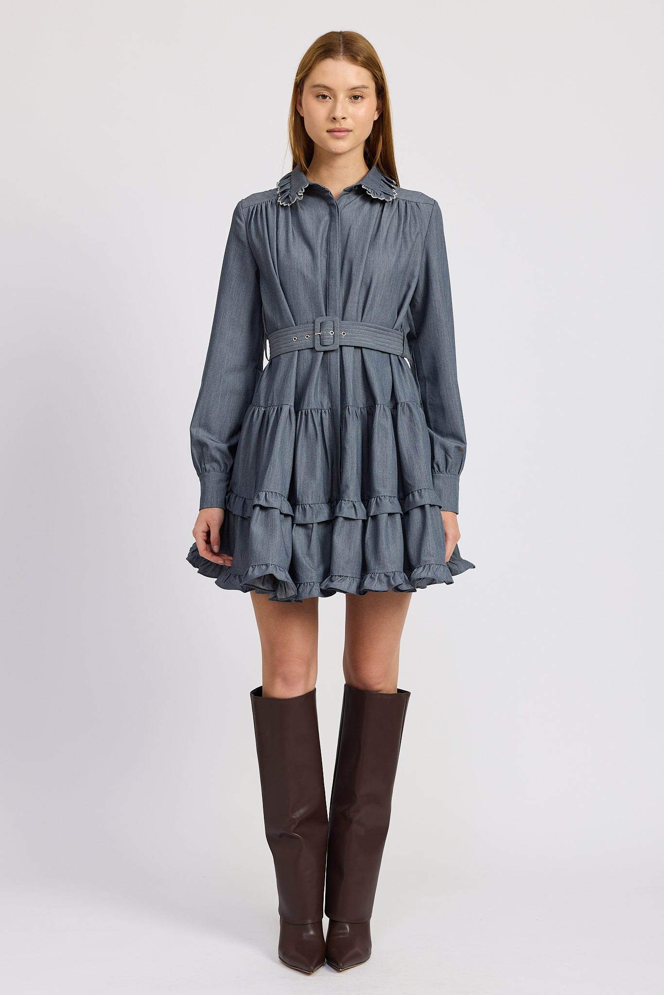 DENIM CHAMBRAY RUFFLE MINI DRESS