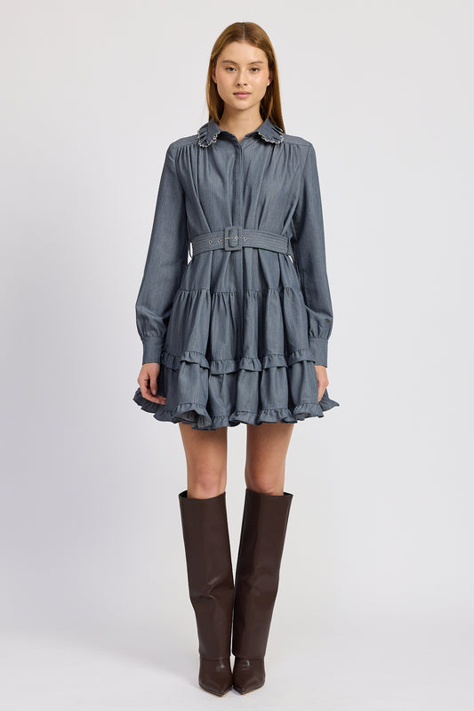 DENIM CHAMBRAY RUFFLE MINI DRESS
