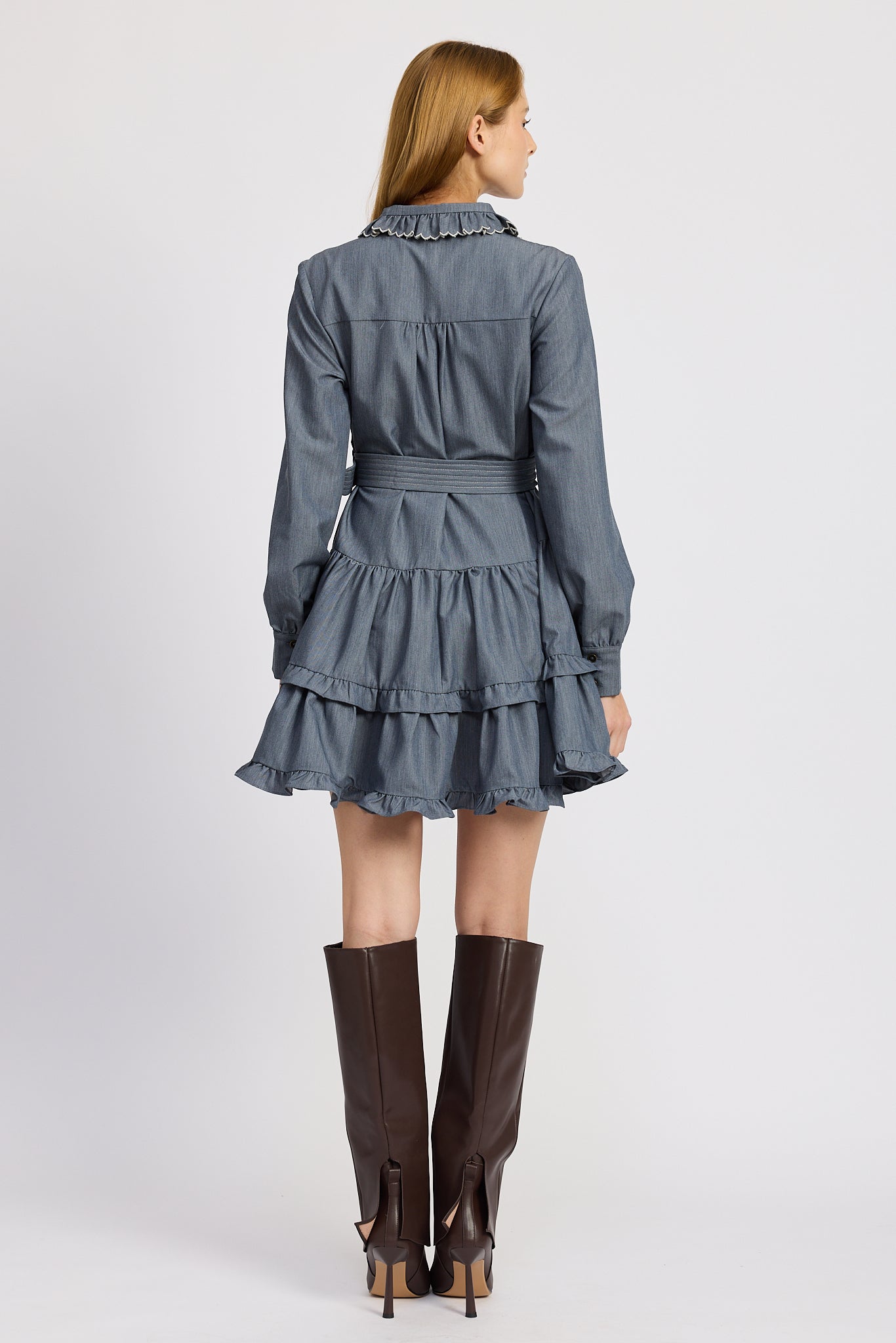 DENIM CHAMBRAY RUFFLE MINI DRESS