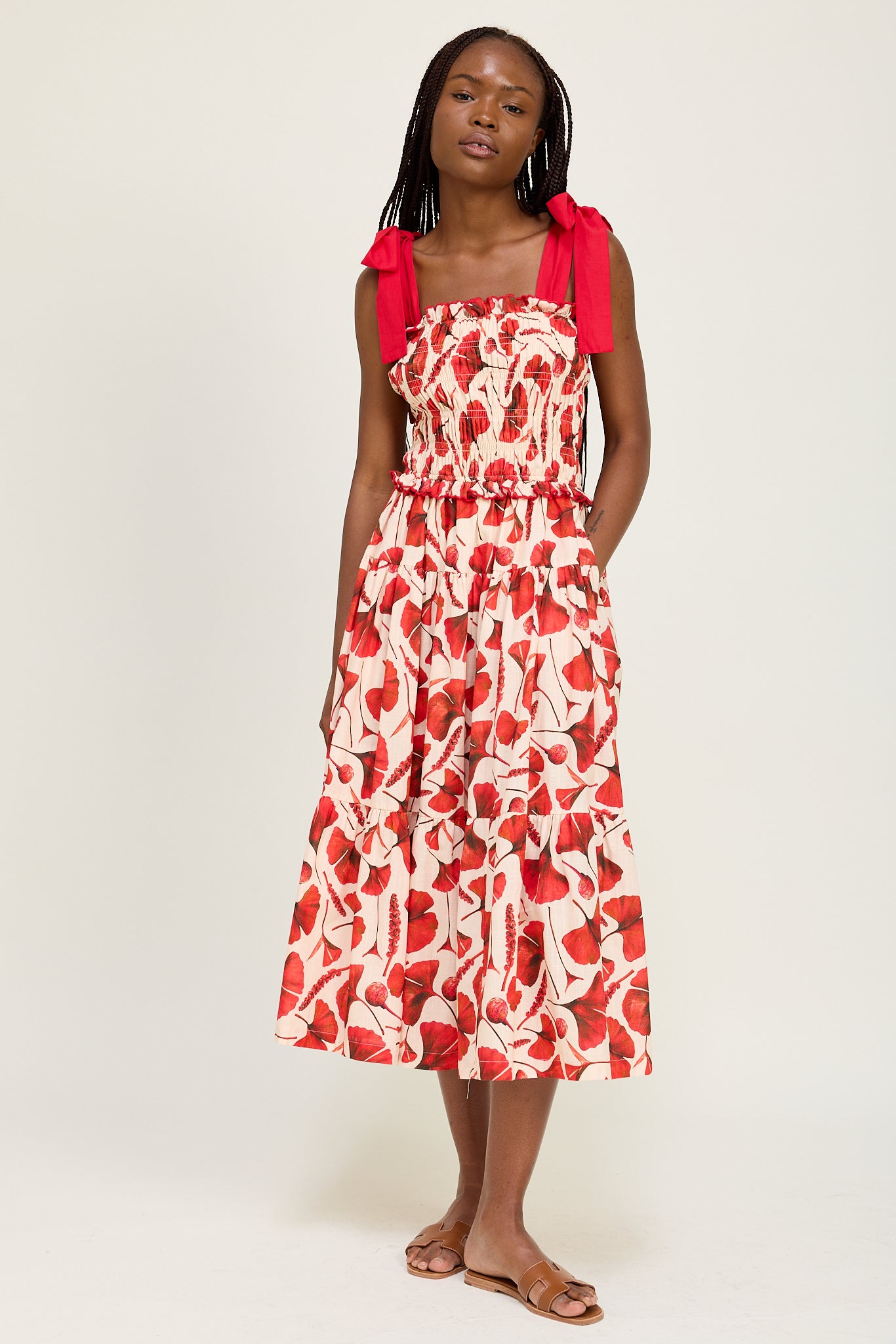 RED SMOCKED PRINT MAXI DRESS