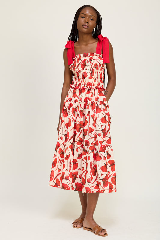 RED SMOCKED PRINT MAXI DRESS