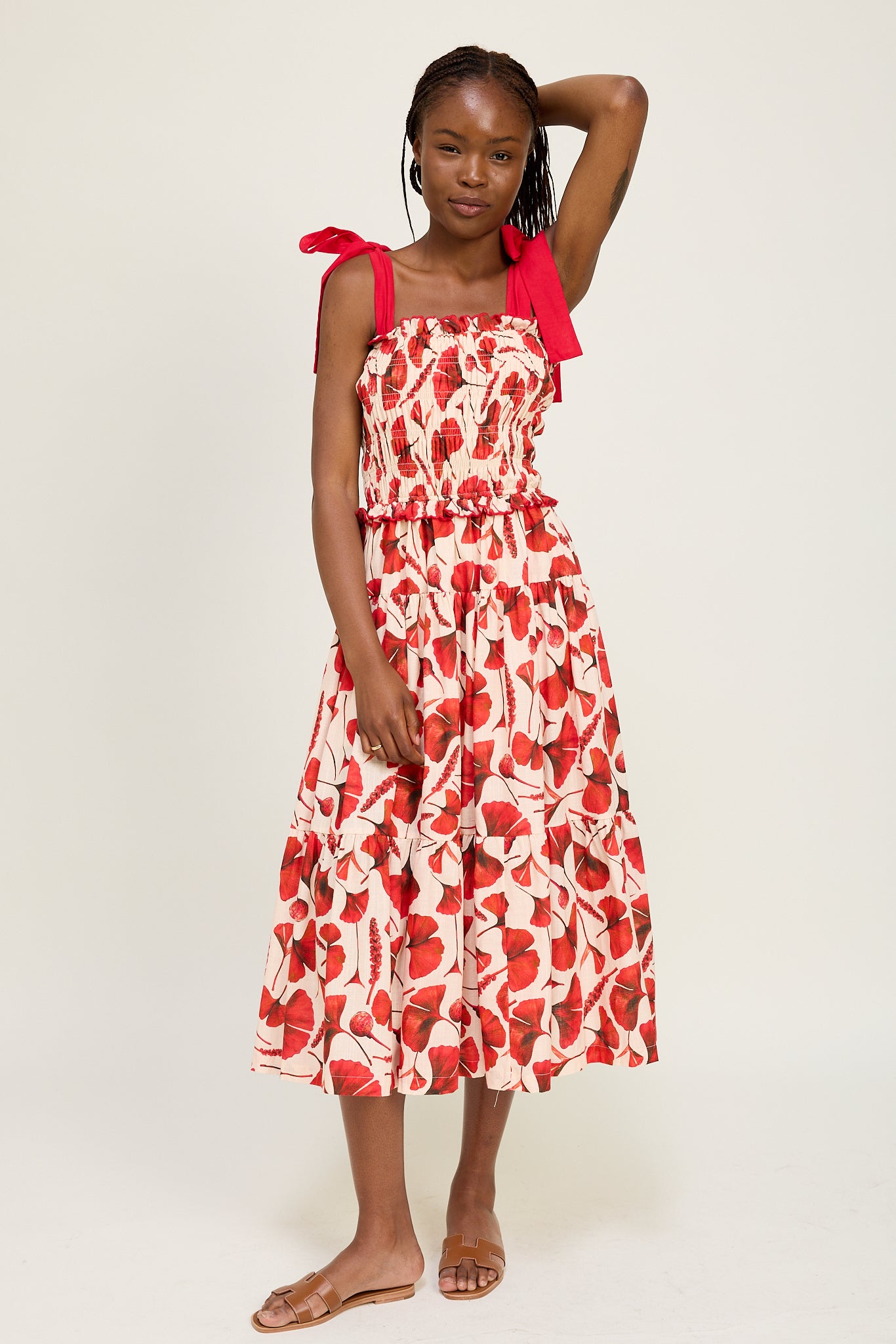 RED SMOCKED PRINT MAXI DRESS
